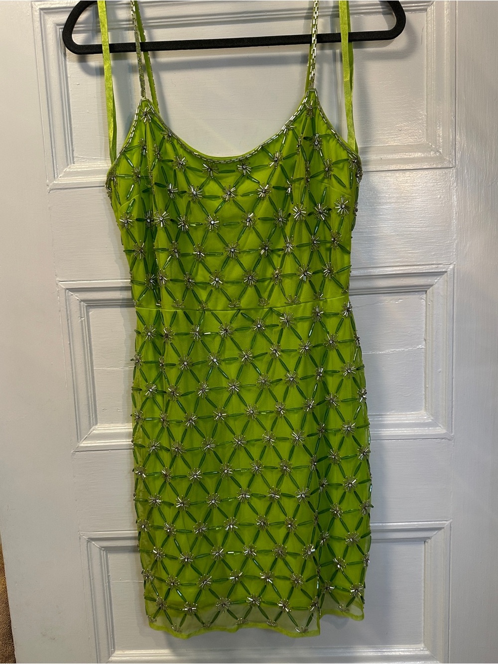 Mac Duggal Neon Lime Beaded Spaghetti Strap Mini Dress